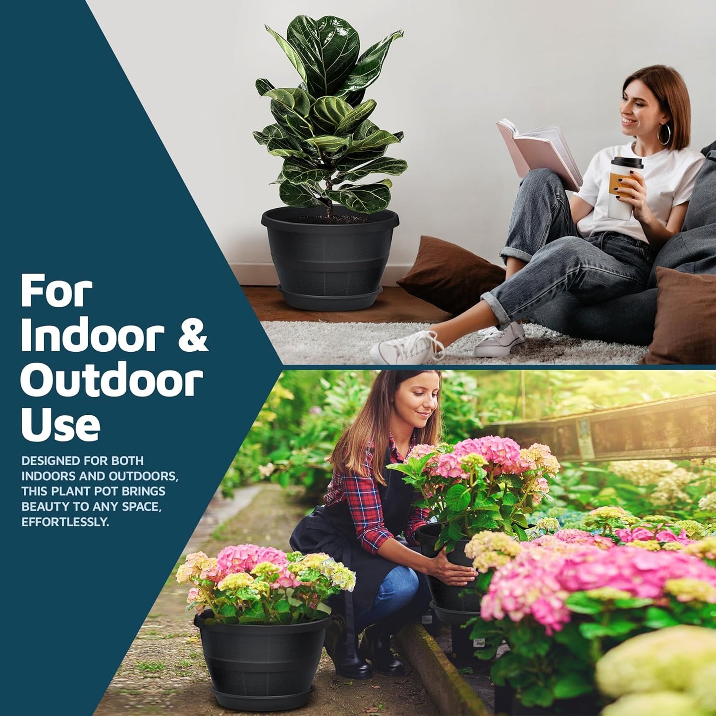 10-Inch Whiskey Barrel Planters Outdoor Pack of 2 - Durable Plastic Plant Pots for Indoor & Outdoor Use with Drainage & Saucer, Lightweight Rustic Barrel Planters for Flowers, Herbs & Small Plants