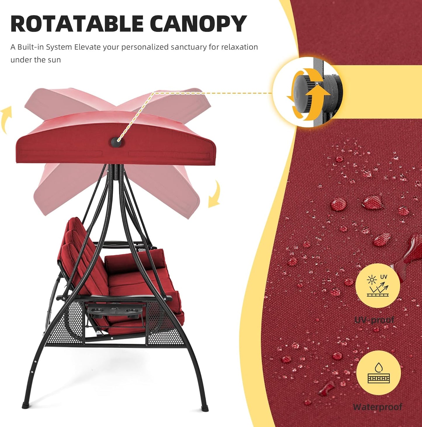 HOMREST 3 Person Outdoor Porch Swing with 1.5" Upgraded Cup Holder, Adjustable Canopy, Backrest, Patio Swing Bed with Weather Resistant Steel Frame, Cushions for Garden,Deck and Poolside(Wine Red)