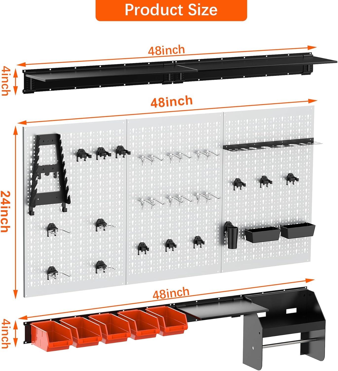 TORACK Pegboard Wall Organizer 4 ft. Garage Metal Pegboard Tool Organizer System, Tools Storage Peg Board Kit with Hooks and Accessories, Wall Mounted Storage Bins, Overhead Shelves