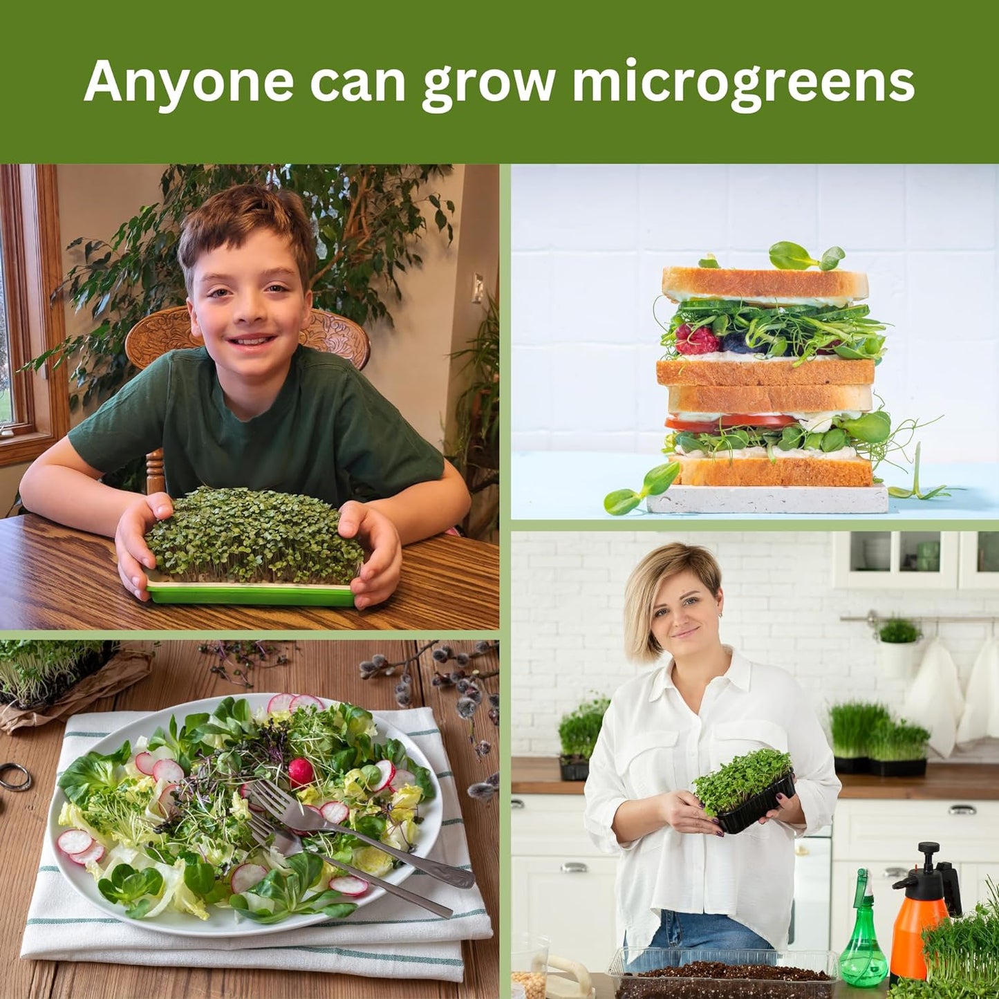 Complete Home Microgreens Kit - Indoor Garden System - Includes 2 Sets of Reusable Trays, Spray Mister, 2 pkgs of Hydroponic Growing Medium, Organic Radish and Broccoli Seeds