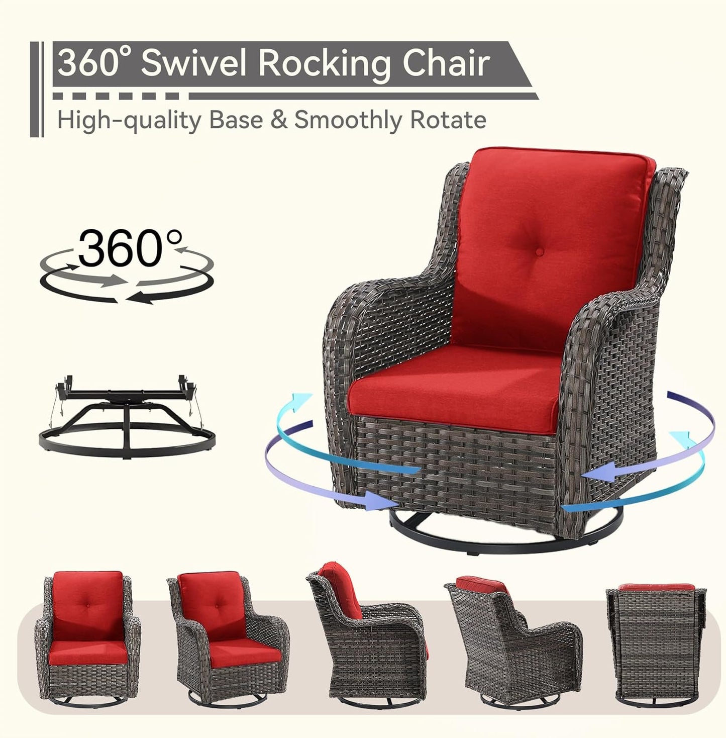 Outdoor Swivel Rocker Patio Chair - Outdoor Wicker Patio Glider Chair with Olefin Fabric Cushions Suitable for Backyard Deck and Porch, Red