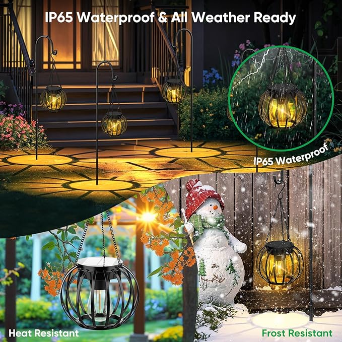 Solar Lanterns Outdoor Waterproof: 2 Pack Solar- Powered Metal Hanging Lights for Patio Garden Porch Yard - Weatherproof Auto On/Off Bright LED Decorations - Gardening Gifts for Women Mom