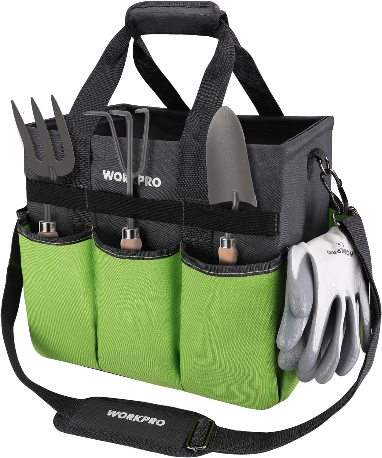 WORKPRO Garden Tool Bag Organizer, Heavy Duty Gardening Tote Bag with 10 Pockets and Long Adjustable Shoulder Strap, Standable Garden Home Tool Kits Organizer, Green (Tools are not included)