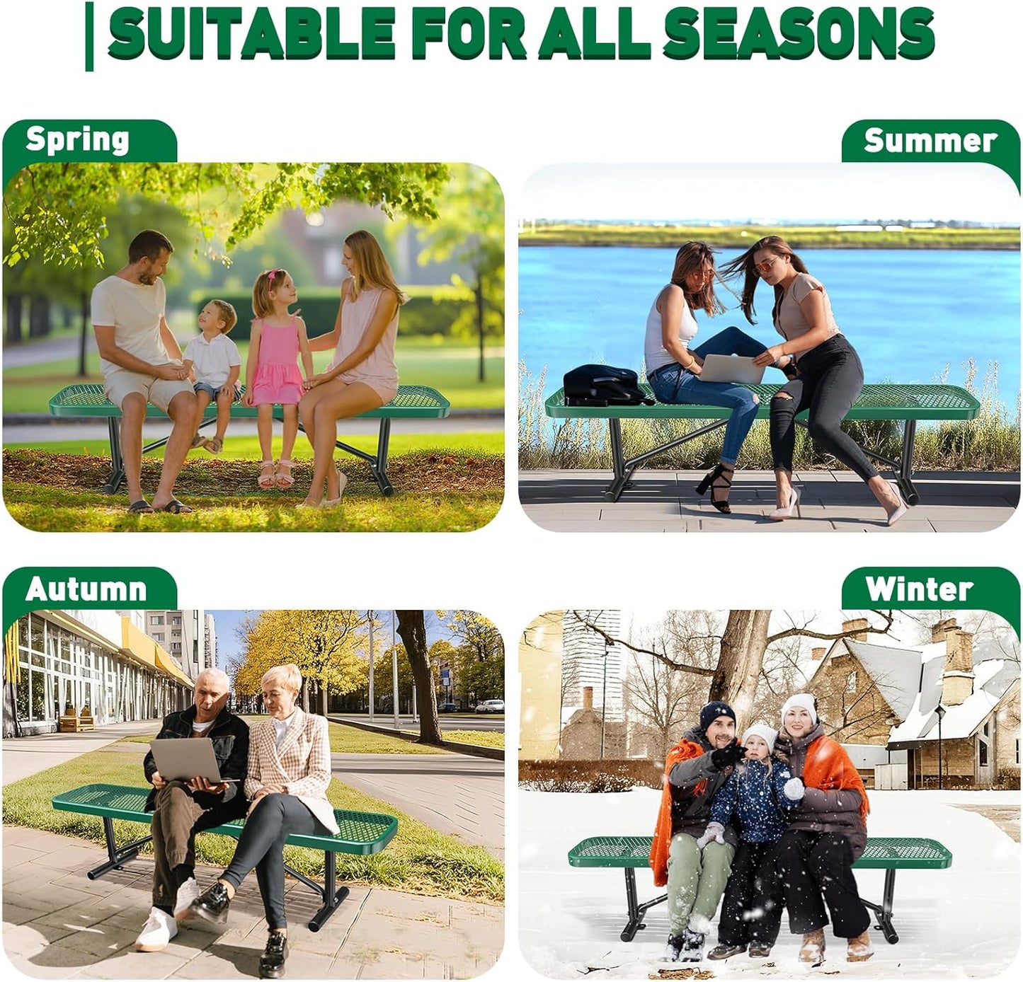 Thermoplastic Coated Iron Park Bench for Outside, Heavy Duty Metal Garden Bench, Expanded Commercial Grade Seating for Shopping Malls, Lawn Yard Porch Entryway (Green without Backrest, 72IN)