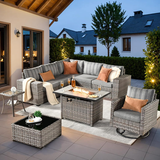 ovios 9 Pieces Patio Furniture Set, Outdoor Wicker Sectional Sofa with 42" Fire Pit Table Swivel Chair, Modern Modular Deep Seat Rattan Couch Conversation Sets, Dark Gray Stripe