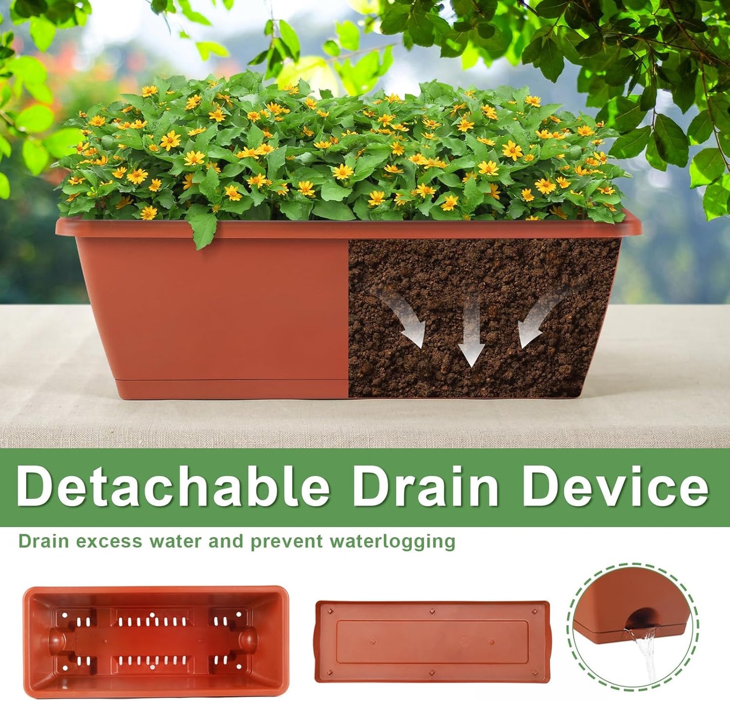 HAITRAL 16.9 Inch Deck Railing Planter Boxes for Plants, Rectangular Hanging Window Boxes Planters with Metal Flower Pots Brackets - 6 Pack Railing Planter Box for Balcony Fences Garden, Red