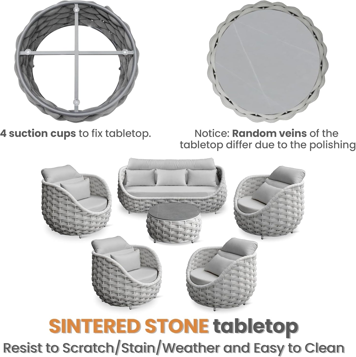 Aluminum Rope Patio Furniture Set: 6 Pieces Assembled Outdoor Conversation Sofa Set for 7 - Modern Metal Couch Set Cushioned - All Weather Porch Seating for Deck Garden Pool Lanai Hotel, Gray