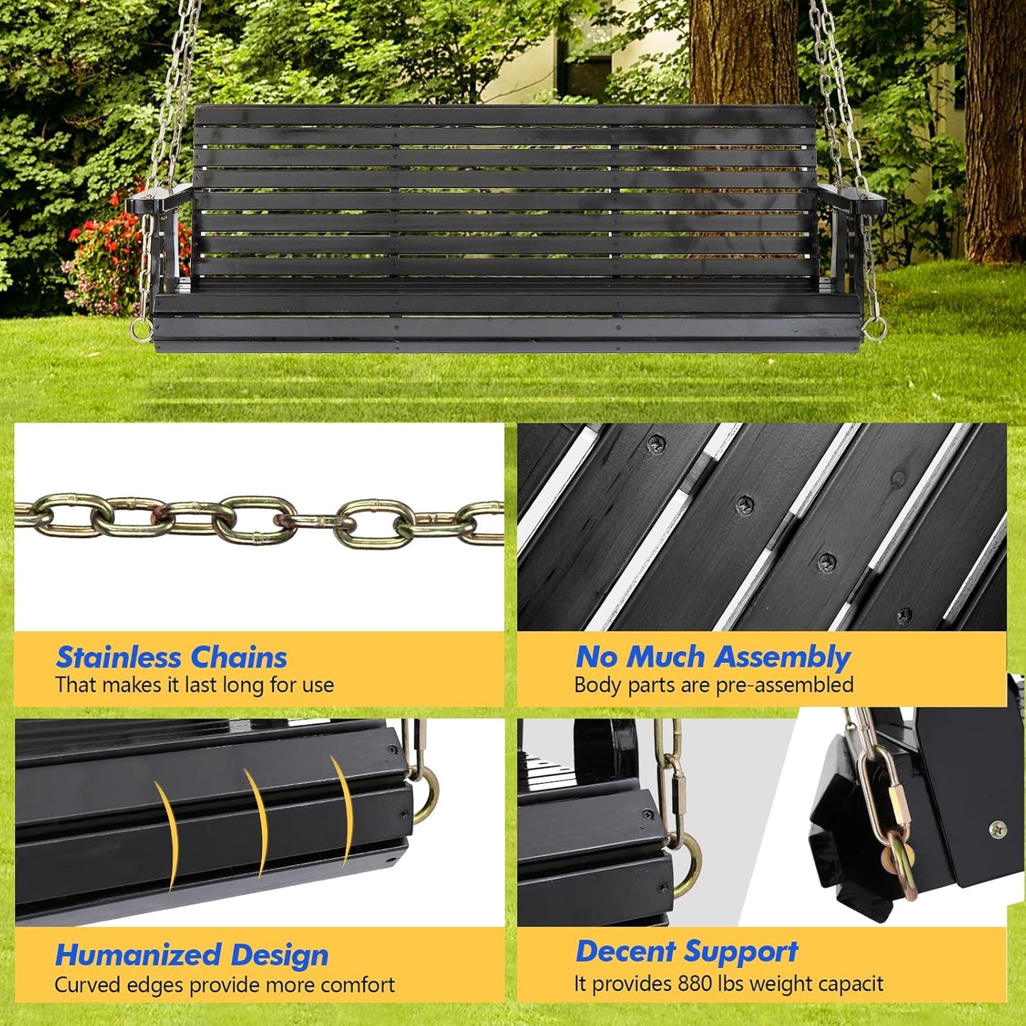 VINGLI Upgraded Patio Wooden Porch Swing for Courtyard & Garden, Heavy Duty 880 LBS Swing Chair Bench with Hanging Chains for Outdoors (Black, 5 FT)