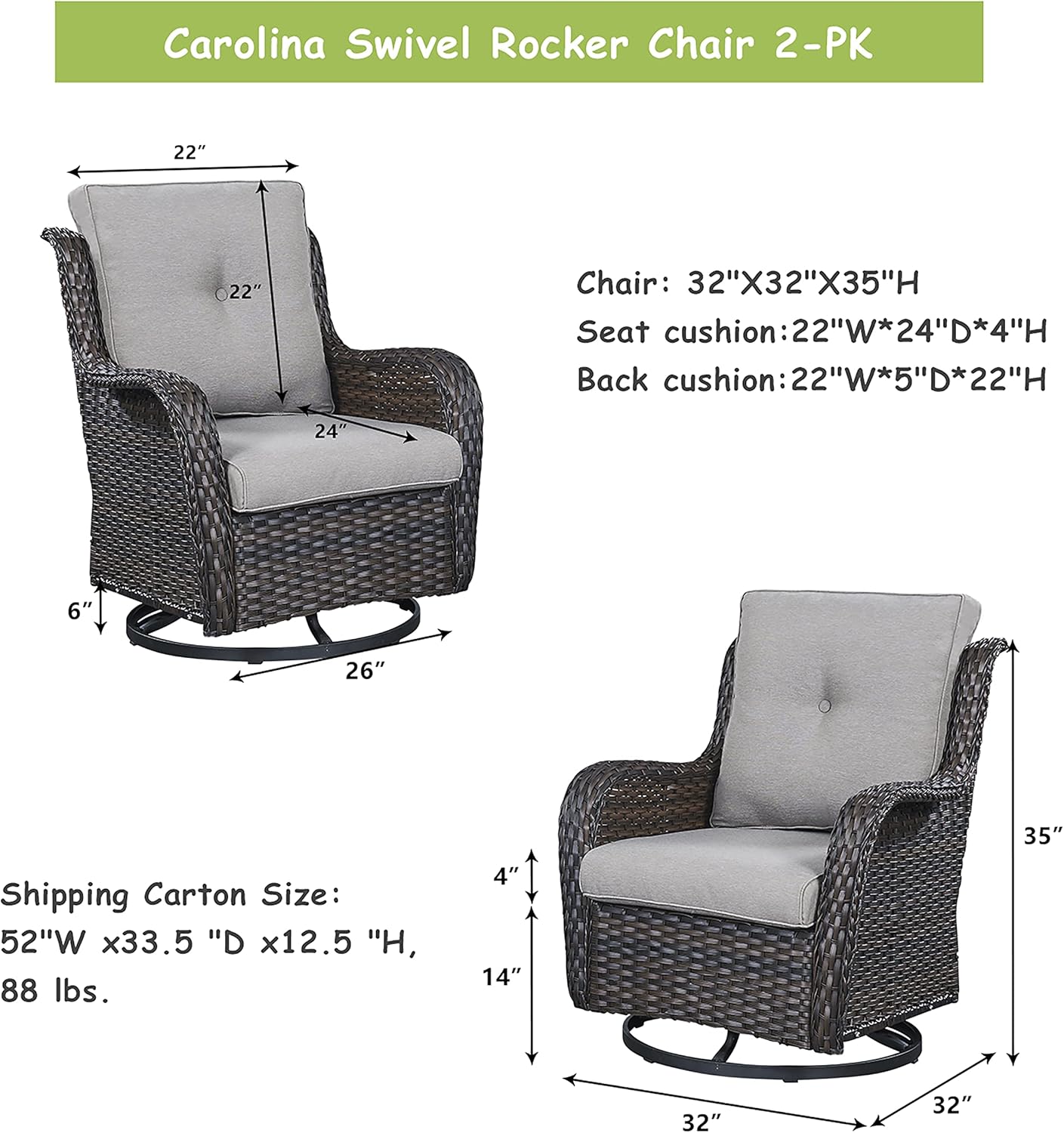 Outdoor Patio Swivel Rocker Chairs - Wicker Rattan Patio Swivel Rocking Chairs Set of 2 with High Back,Deep Seating and Comfort Cushions for Deck Porch Garden,rown/Grey