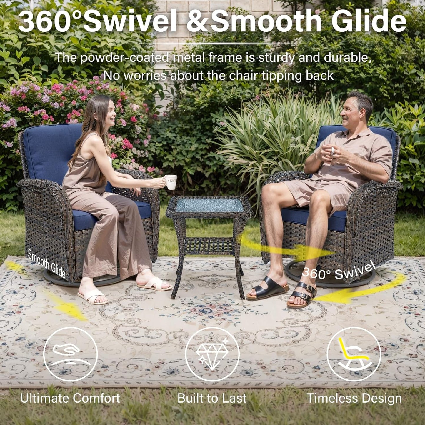 5 Piece Outdoor Patio Furniture Set with 50000 BTU Propane Fire Pit Table, Deep Seating Wicker Swivel Rocker Chairs and Loveseat Glider Patio Conversation Set for Deck Poolside Backyard Blue