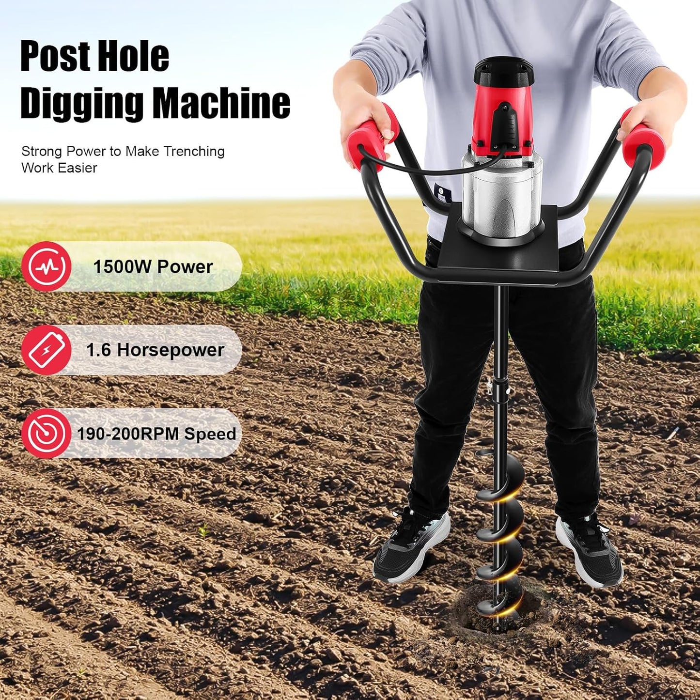 Post Hole Digger, 1500W Electric Post Hole Auger Earth Auger Digging Drill Digging Machine with 4" Digging Auger Bit and Extension Bar Set for Planting, Trenching in Garden