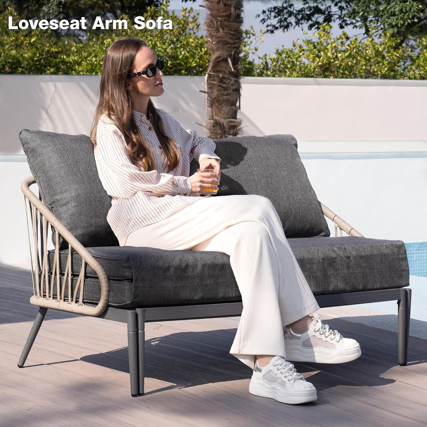 Patio Adjustable Daybed, 2-Person Outdoor Daybed with Cushions and Pillows, Woven Rope Patio Loveseat Garden Adjustable Reclining Chaise Lounge for Lawn, Poolside, Grey