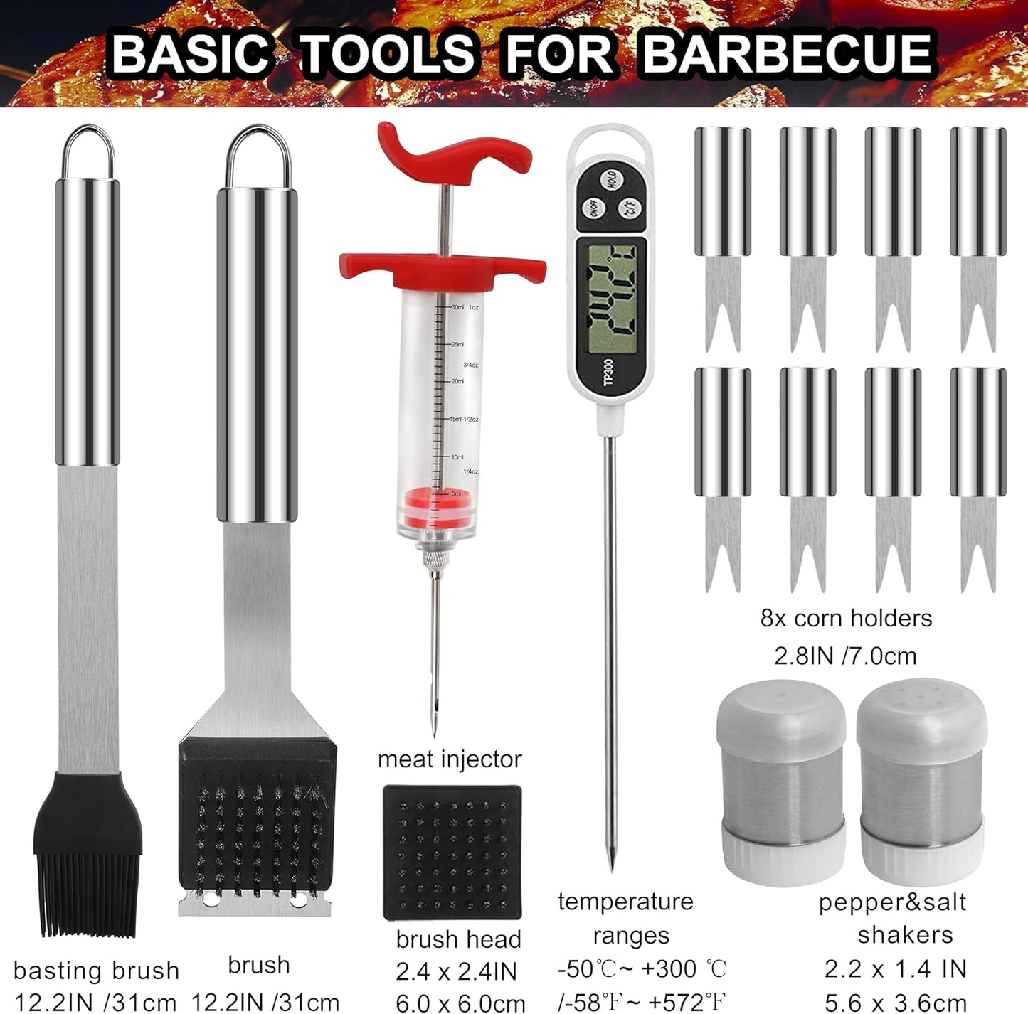 Grilljoy 24PCS BBQ Grill Tools Set with Meat Thermometer and Injector - Extra Thick Stainless Steel Fork, Spatula& Tongs - Complete BBQ Accessories in Aluminum Case - Perfect Grill Gifts for Men