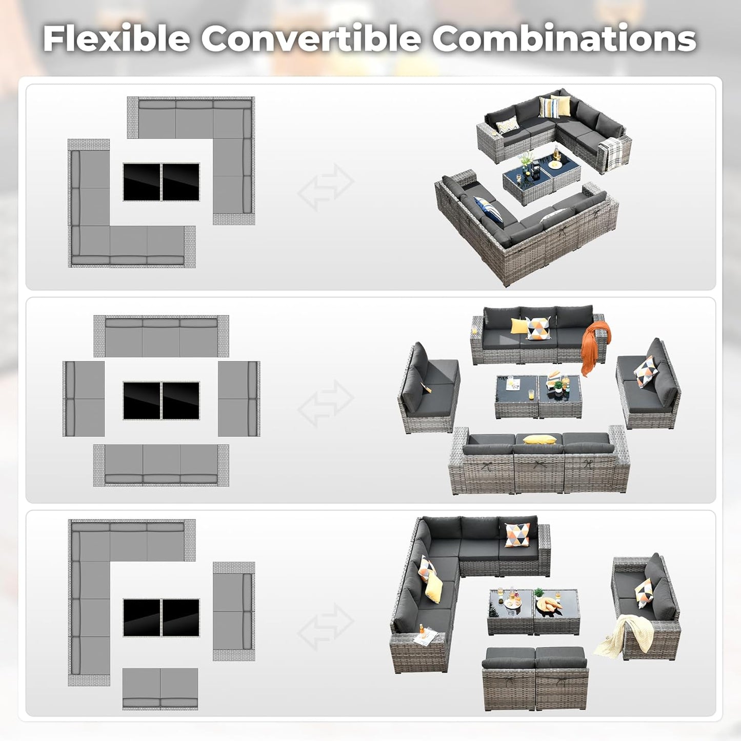 ovios 12 Pieces Patio Furniture Set, Outdoor Wicker Sectional Sofa with Glass Table Comfy Cushions, Modern Modular Deep Seat Couch Rattan Conversation Set, Black