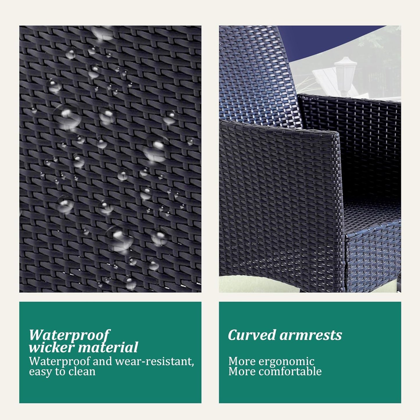 3 Piece Patio Furniture Set - Outdoor Conversation Sets with Coffee Table, Rattan Chair Set for Garden/Poolside, Coffee/Blue