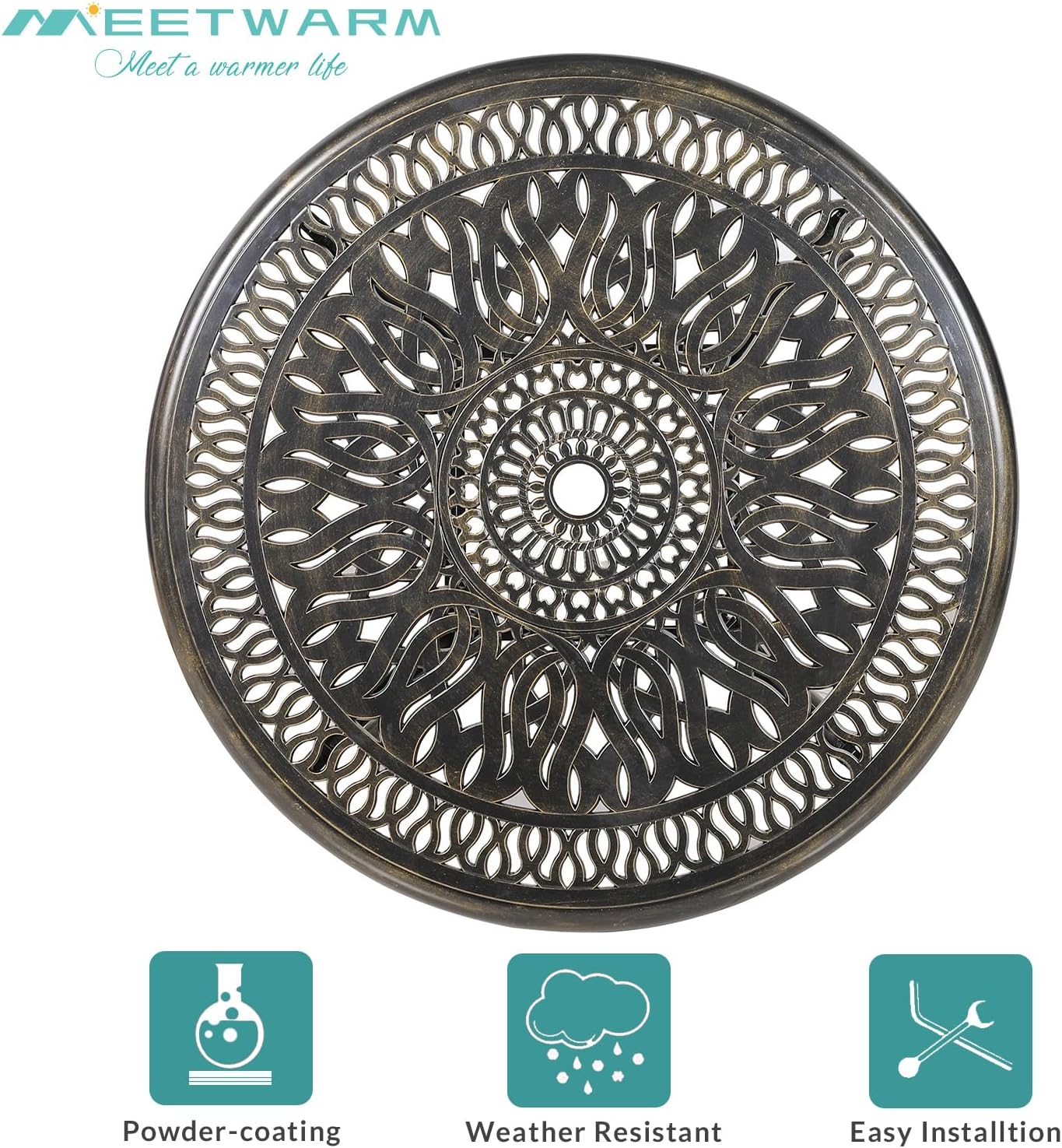 MEETWARM 3 Piece Patio Bistro Set, Outdoor All-Weather Cast Aluminum Dining Furniture Set Includes 2 Chairs with Cushions and a 35.4” Round Table with Umbrella Hole for Garden Deck, Chili Red