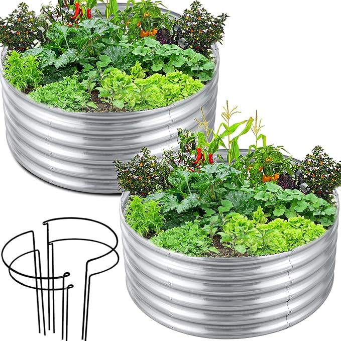 FORTUNO 2 Pcs 17" Tall 4 Ft Round Raised Garden Bed Box Galvanized Metal Outdoor High Flower Bed Steel Patio Ground Planter for Planting Vegetables and Herbs, Silver