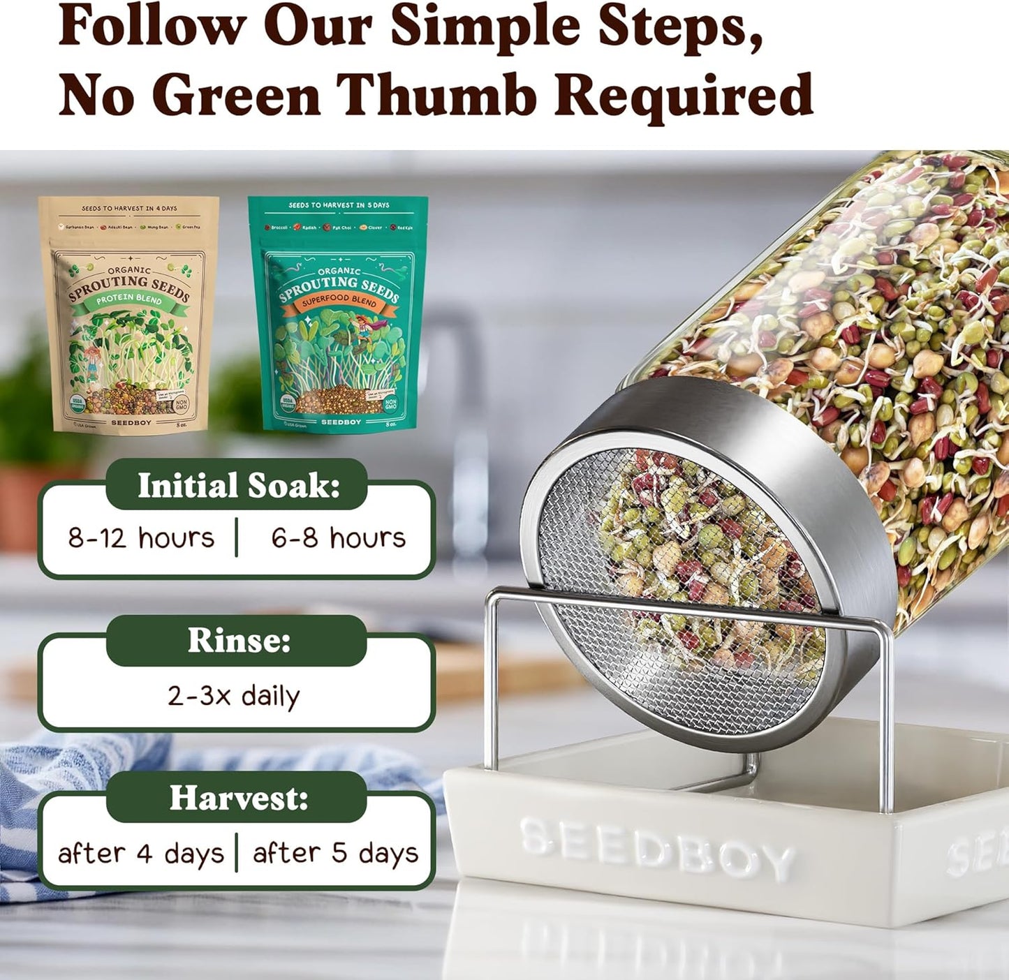 Seedboy Organic Sprouting Seeds Variety Pack - Two 8oz Bag Bundle - Superfood & Protein Blends, Non-GMO, USA-Grown Microgreens Mix, Makes 12 Quarts of Sprouts (36 Servings) (Superfood/Protein)