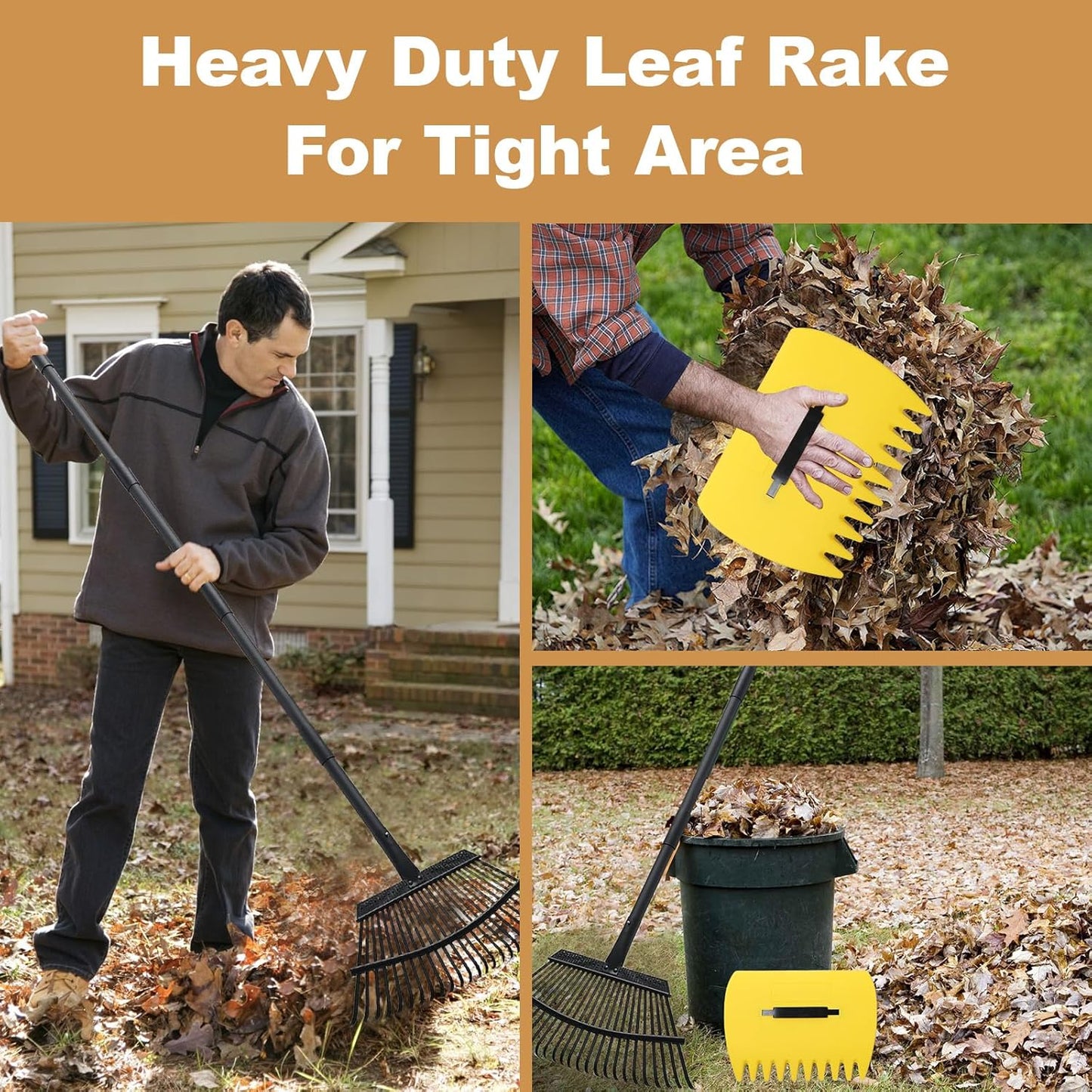 Rake with Leaf Scoops Garden Leaf 25 Tines Lawn Leveling Tool, Heavy Duty 64.1 Inch Adjustable Handle Metal Rake for Picking Leaves Grass Garbage, Black
