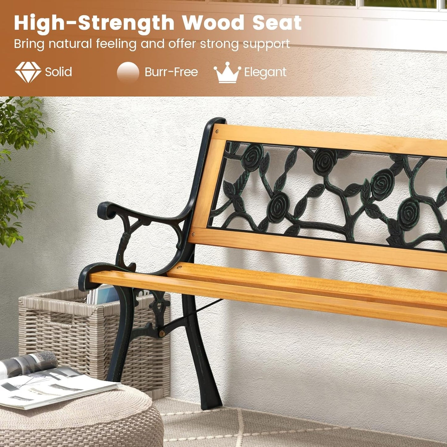 Tangkula Outdoor Garden Bench Park Bench, Patio Iron Bench Chair with Cast Iron & Hardwood Structure, Weather Proof Porch Loveseat, Perfect for Backyard, Deck, Lawn, Poolside