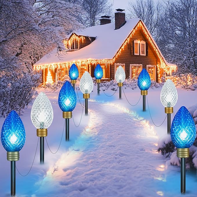 Moonflor Strawberry Super Jumbo Christmas Lights Outdoor - 2Pack Total 22FT 10 LED C9 Christmas Pathway String Lights,Christmas Lights Outdoor Decorations for Lawn Holiday Yard Walkway, Blue White