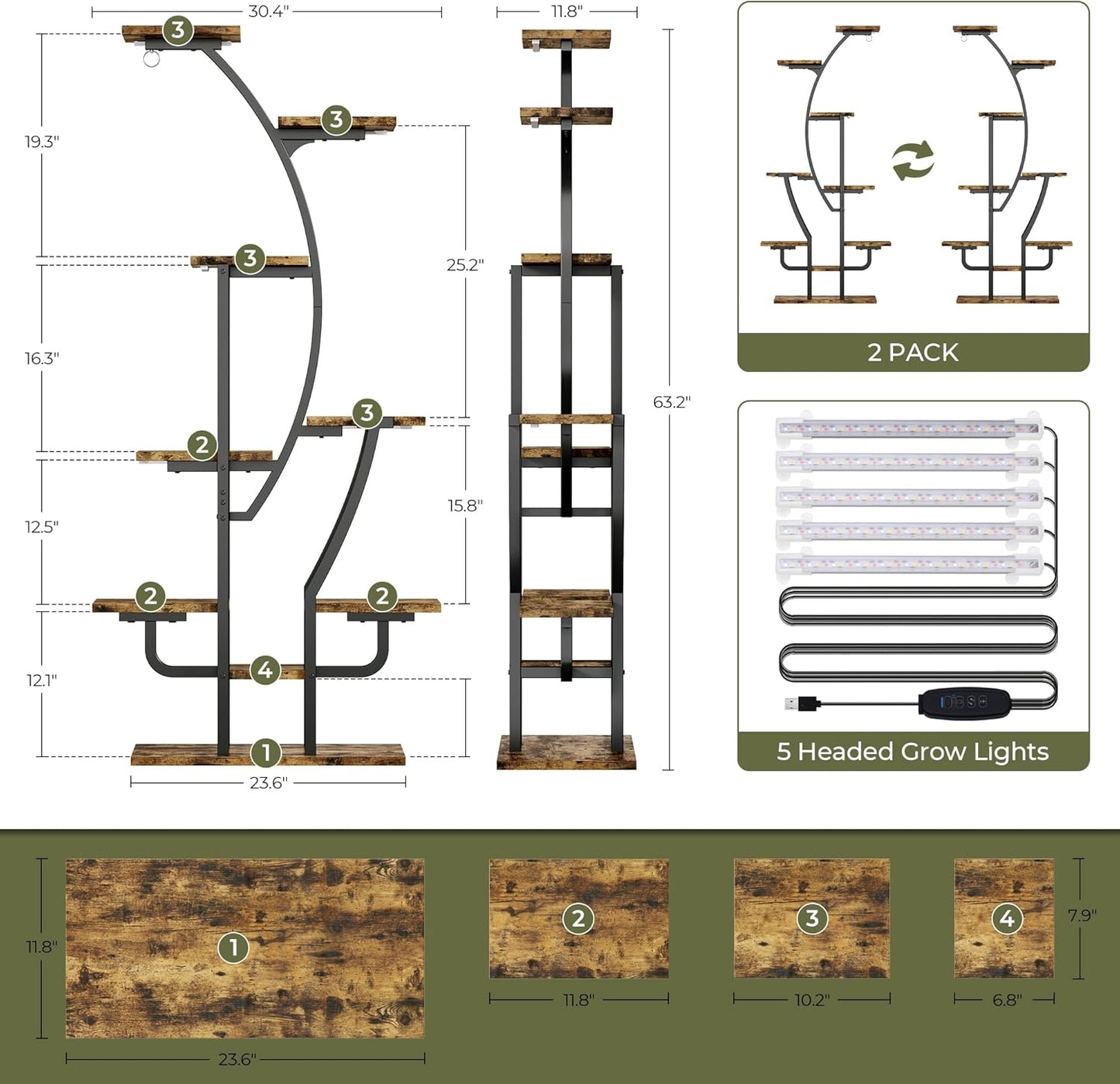 IRONCK Plant Stand Indoor with Grow Lights, 9 Tiered Indoor Plant Shelf, 62" Corner Plant Stands for Indoor Plants, Metal Plant Flower Display Shelves, Moon-Shaped Plant Rack for Home, Patio, Black