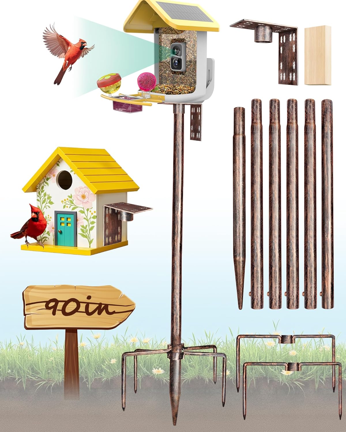Bird Feeder Pole – 90 Inch Height Bird House Pole with 1-Inch Dia Heavy Duty for Birdfeeders, Feeding Stand with Mount Kit for Outdoor, Slip-Fit Connection, Copper Brushed