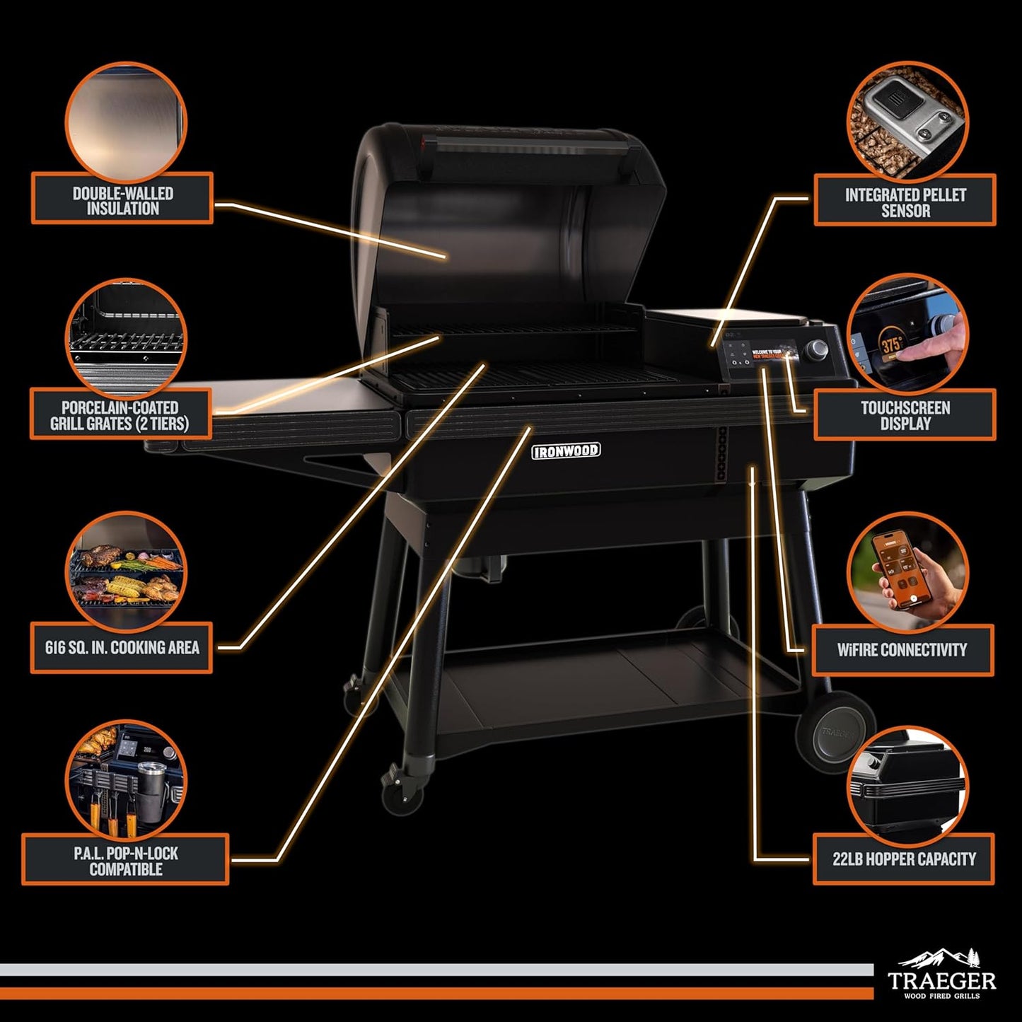 Traeger Ironwood Pellet Smoker Grill, Electric Wood Pellet Grill with WiFIRE App Control, 165F - 500F Degree Temperature Control Super Smoke Mode, 6-in-1 BBQ Smoker Grilling Combo, TFB61RLG