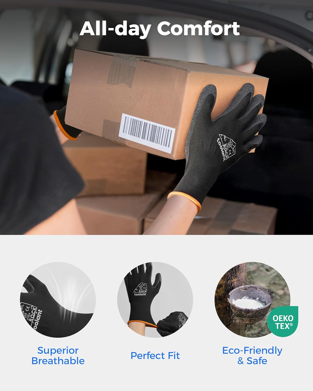 toolant Crinkle Latex Work Gloves Bulk, Rubber Coated Safety Work Gloves for Men and Women, 120 Pairs for Construction, Gardening, Warehouse (Black, Large)