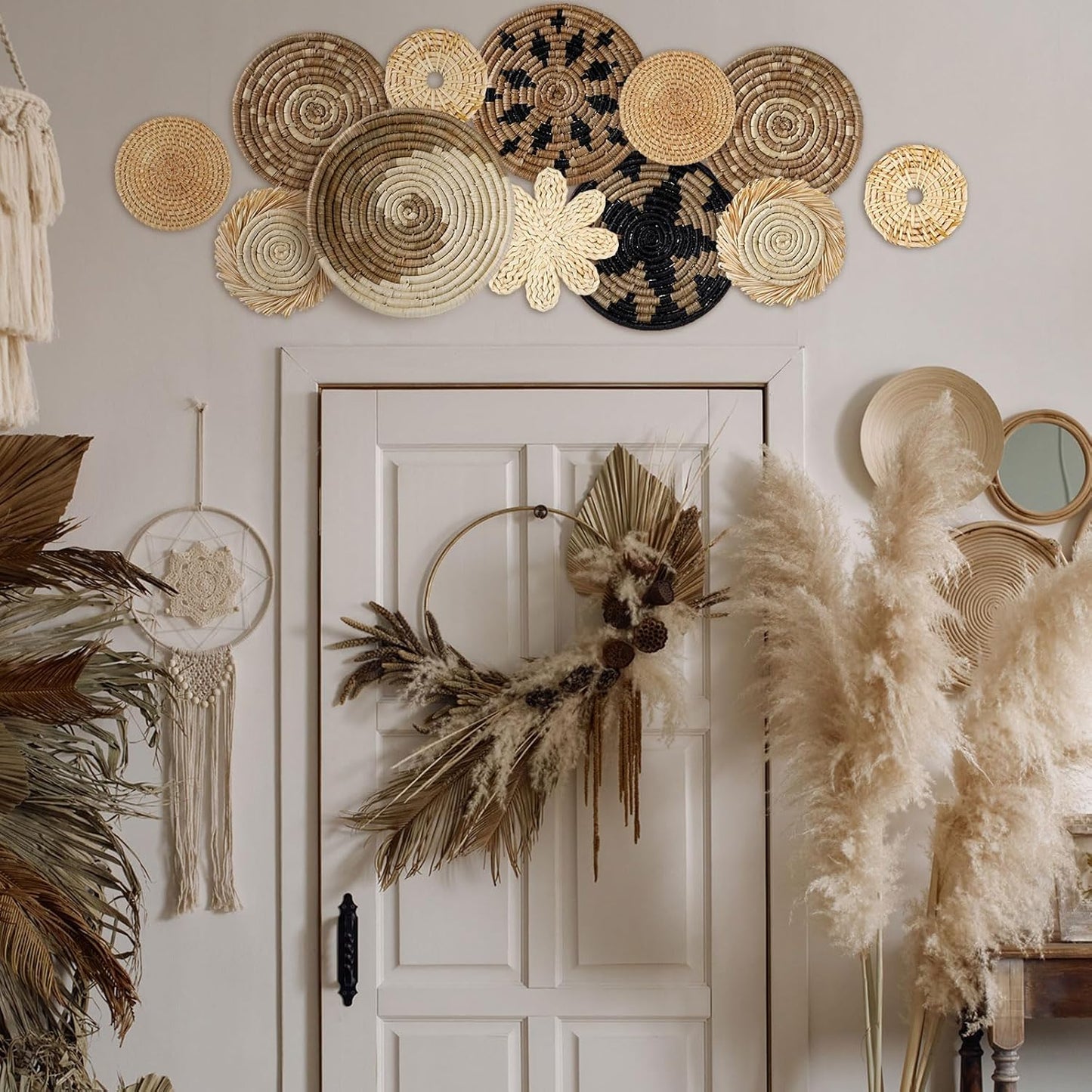 Xuhal 11 Pcs Boho Hanging Wall Basket Decor Handmade Woven Basket Wall Decorative Boho Wicker Baskets Placemats Round Farmhouse Bulrush Art for Rustic Home Decorations Christmas Gift(Rustic)