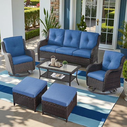 Outdoor Wicker Patio Furniture Set - 6 Piece Rattan Patio Conversation Set with 2 Rocking Swivel Chairs,2 Ottomans,1 Sofa and 1 Coffee Table for Porch Deck Backyard Garden(Brown/Blue)