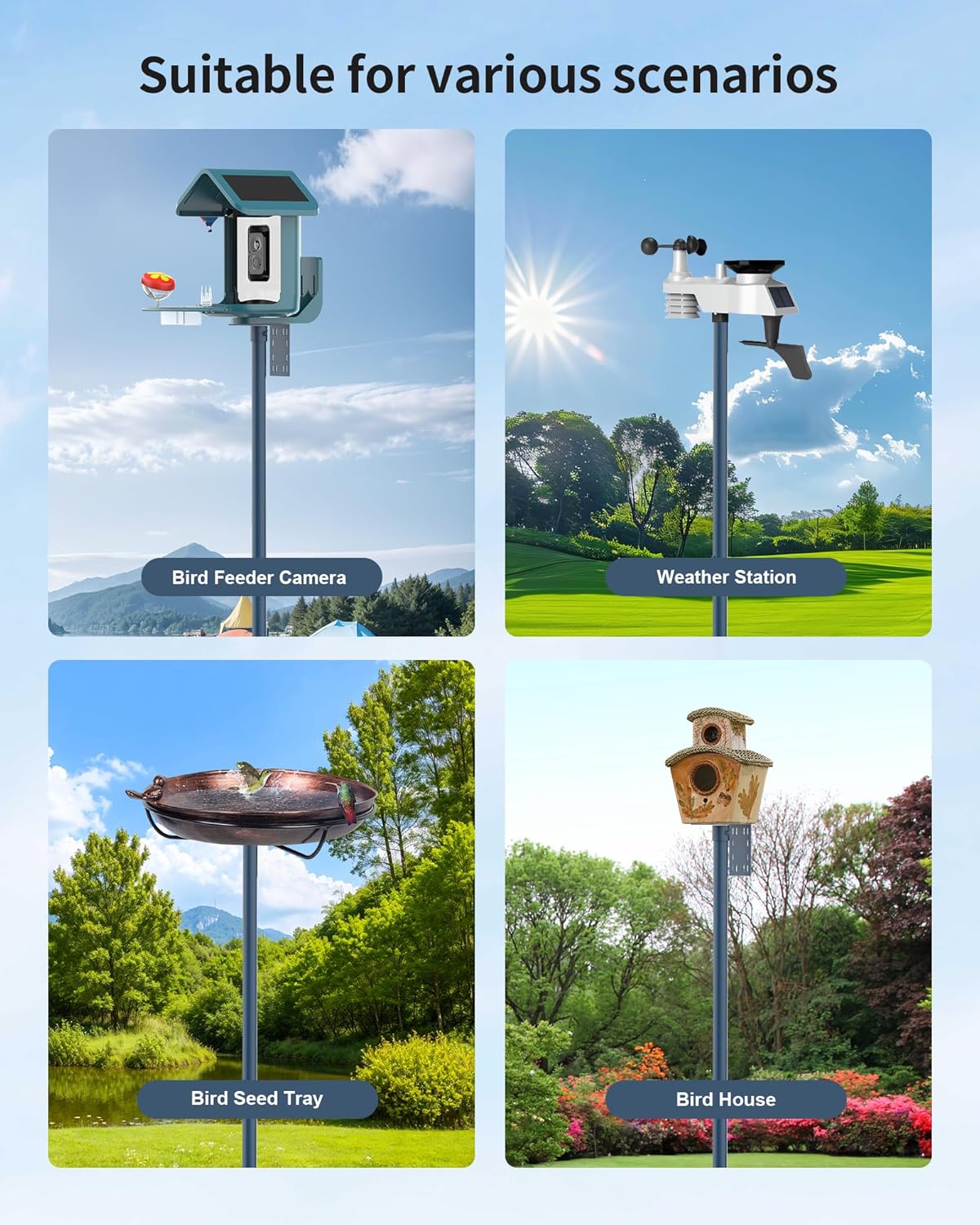 Bird Feeder Pole Stand – 90 Inch Height Feeding Station with 1-Inch Dia Heavy Duty for Hanging Feeders, Bird House Pole Mount Kit for Outdoor, Slip-Fit Connection，Blue