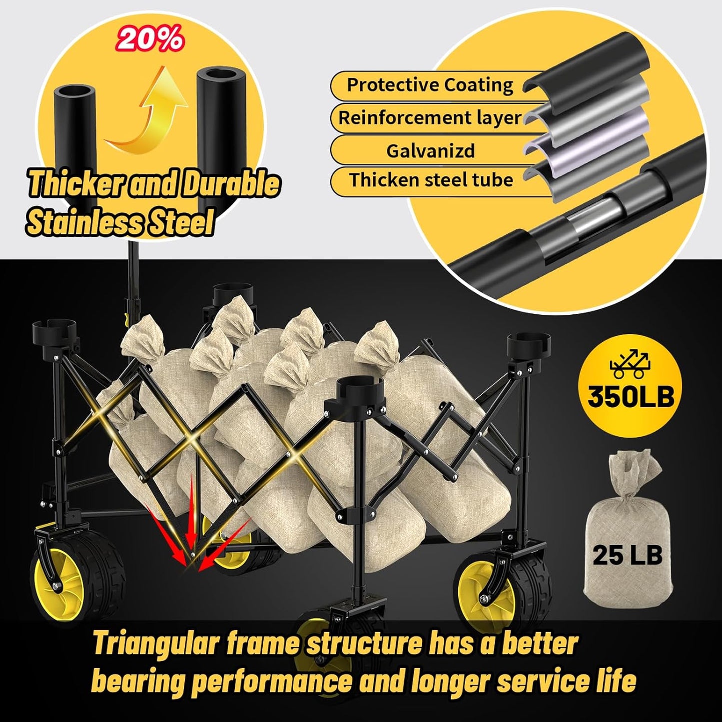 Collapsible Extended Wagon with Big All-Terrain Wheels 350LB& Oversized Outdoor Heavy Duty Utility Garden Cart Foldable Large Beach Wagon for Sand Fishing Camping Portable Grocery Pull Cart