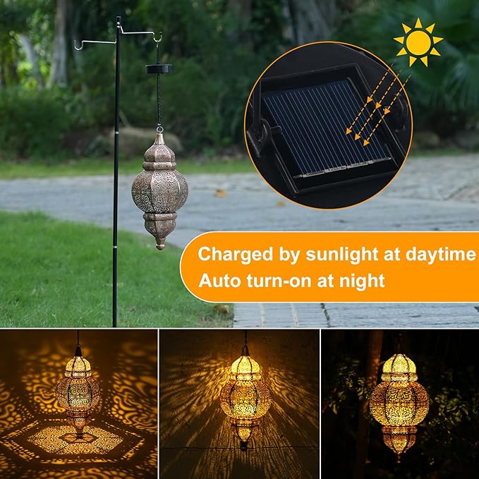 2 Pack Hanging Solar Lights, Outdoor Decor Solar Lantern, Waterproof Metal Moroccan Lantern for Outside Patio Pathway Yard Front Porch Backyard Garden Decorative