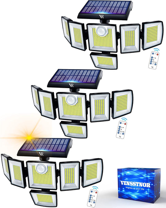 Solar Motion Sensor Flood Lights Outdoor - 496LEDs 3500LM 3 Lighting Modes 3 Levels Brightness, 6 Heads 360° Illumination, IP65 Solar Security Lights,for Porch Yard Patio Garage(3 Packs)