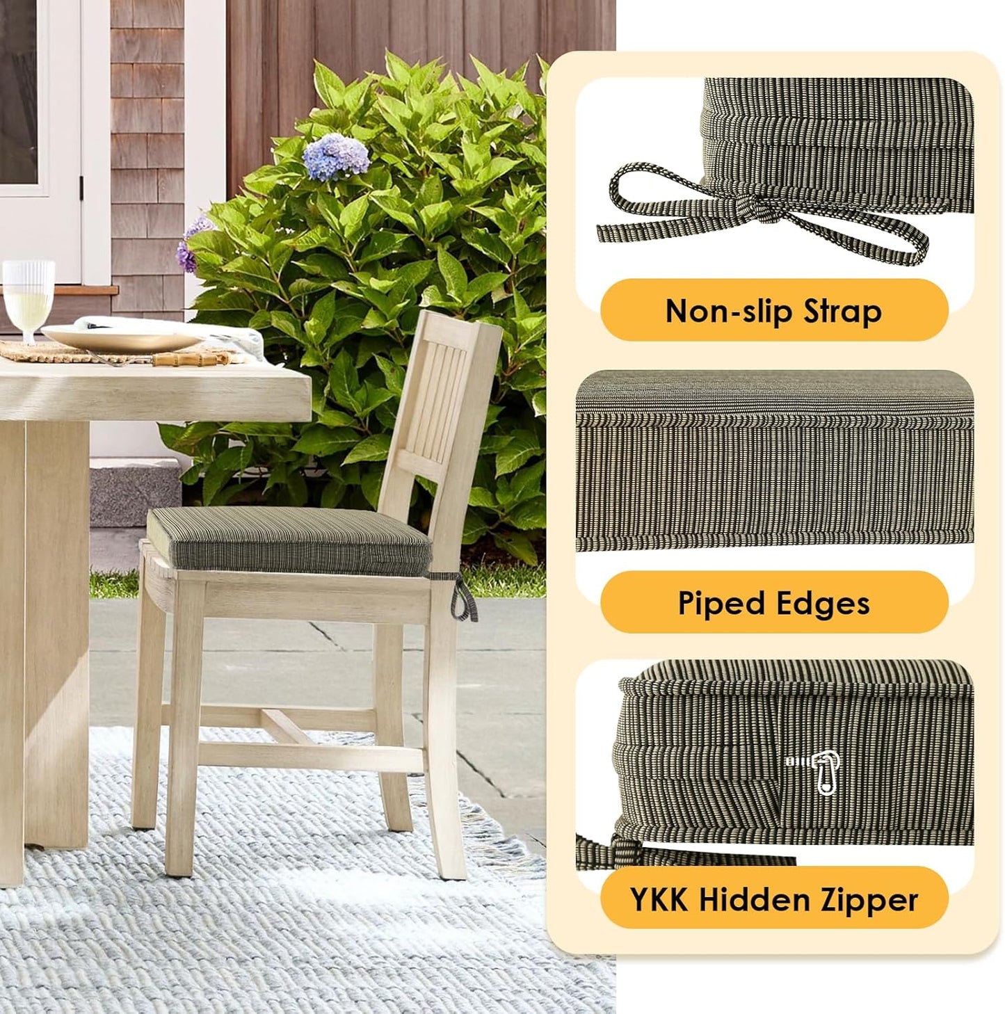 Outdoor Square Corner Seat Cushion, 18.5"x16"x3", Set of 4, Non Slip Seat Cushion Pads with Removable Cover for Patio Furniture, Garden Yard Lawn, Dark Black Tan Stripe