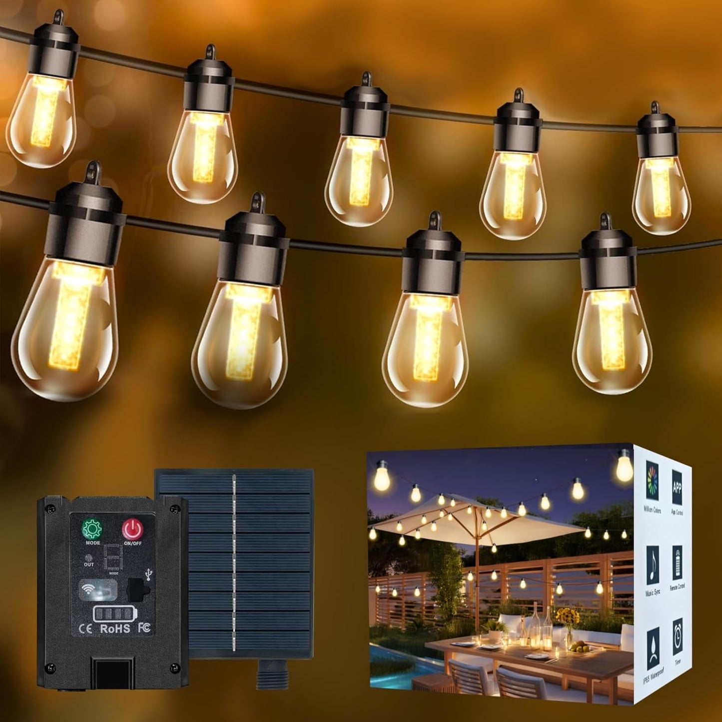Honche Solar Lights Outdoor Waterproof LED IP66 with 15 Edison Bulb Warm White String Lights Patio Lights Decorate for Christmas Camping Wedding Birthday Backyard Gazebo Party