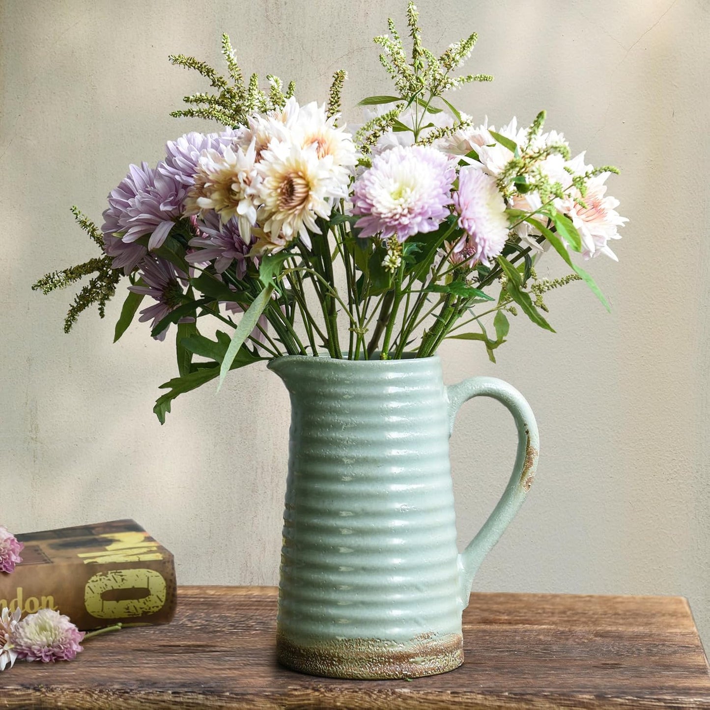 Quoowiit Ceramic Rustic Vase with Handle, Green Distressed Decorative Farmhouse Pitcher Vase for Home Decor Living Room Bedroom Kitchen Office Shelf Decor Centerpiece Table Decoration