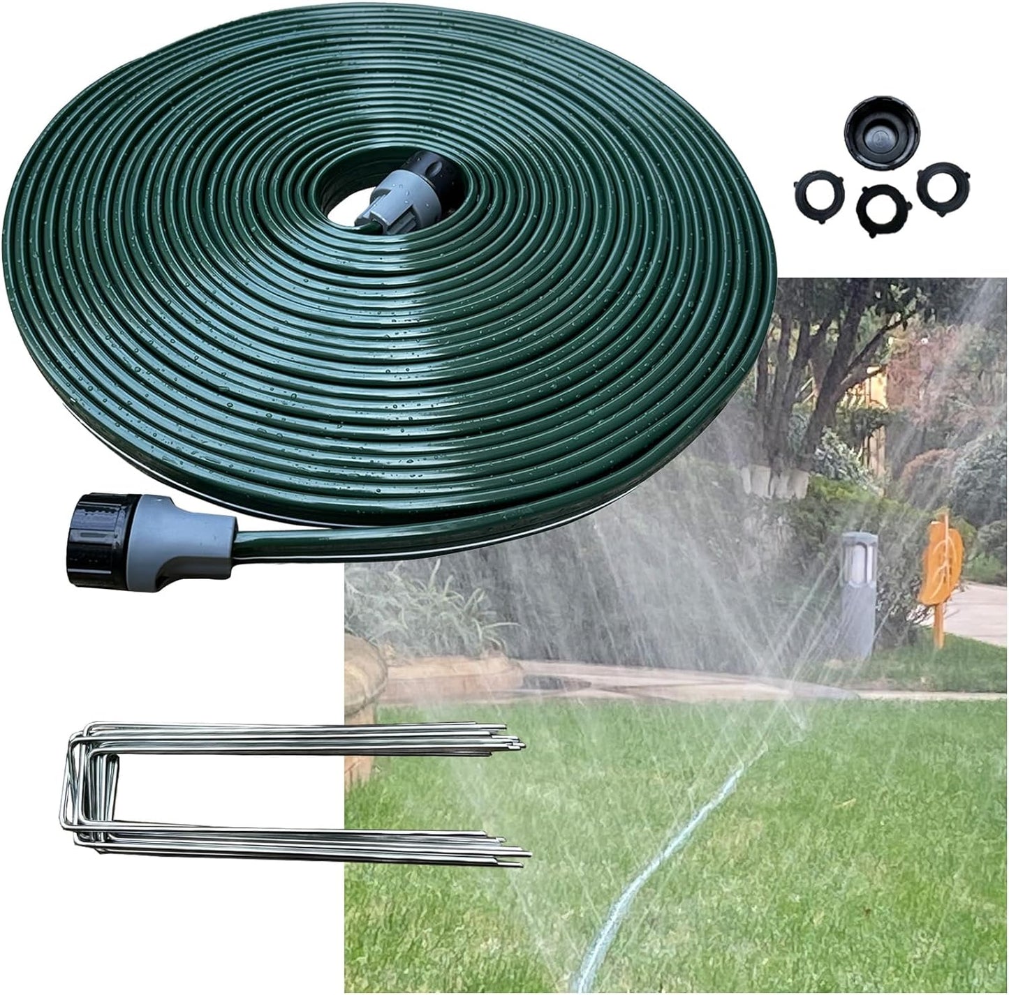 Watoo 2025 Sprinkler Hose & Soaker Hose for Yard - 50 FT Reinforced Flat Garden Hose with Holes, Heavy Duty No-Kink Lawn Irrigation Hose (Includes Stakes, High Pressure Spray)