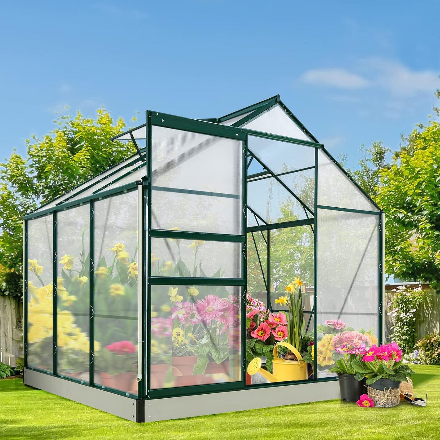 EAGLE PEAK 6x6x7 Outdoor Walk-in Hobby Greenhouse with Adjustable Roof Vent, Rain Gutter, Base and Anchor, Polycarbonate Aluminum Green House for Backyard Garden, Dark Green