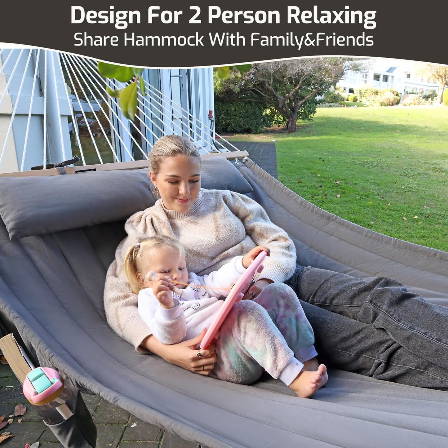 Double Quilted Fabric Hammock with Hardwood Spreader Bars and Pillow 450 LBS Capacity 2 Person Large Hammock for Outdoor Patio Backyard Poolside - Dark Blue