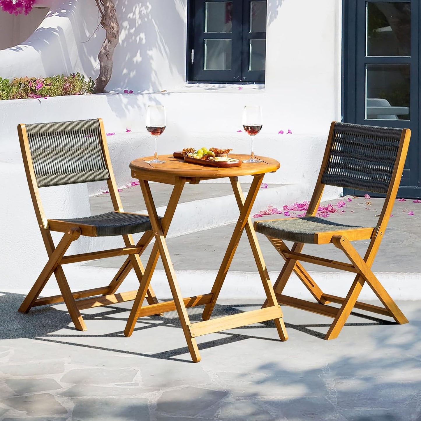 IDZO Wood Rope Design Heavy Duty 400lbs Capacity Patio Bistro Set 3 Piece Outdoor, Grey