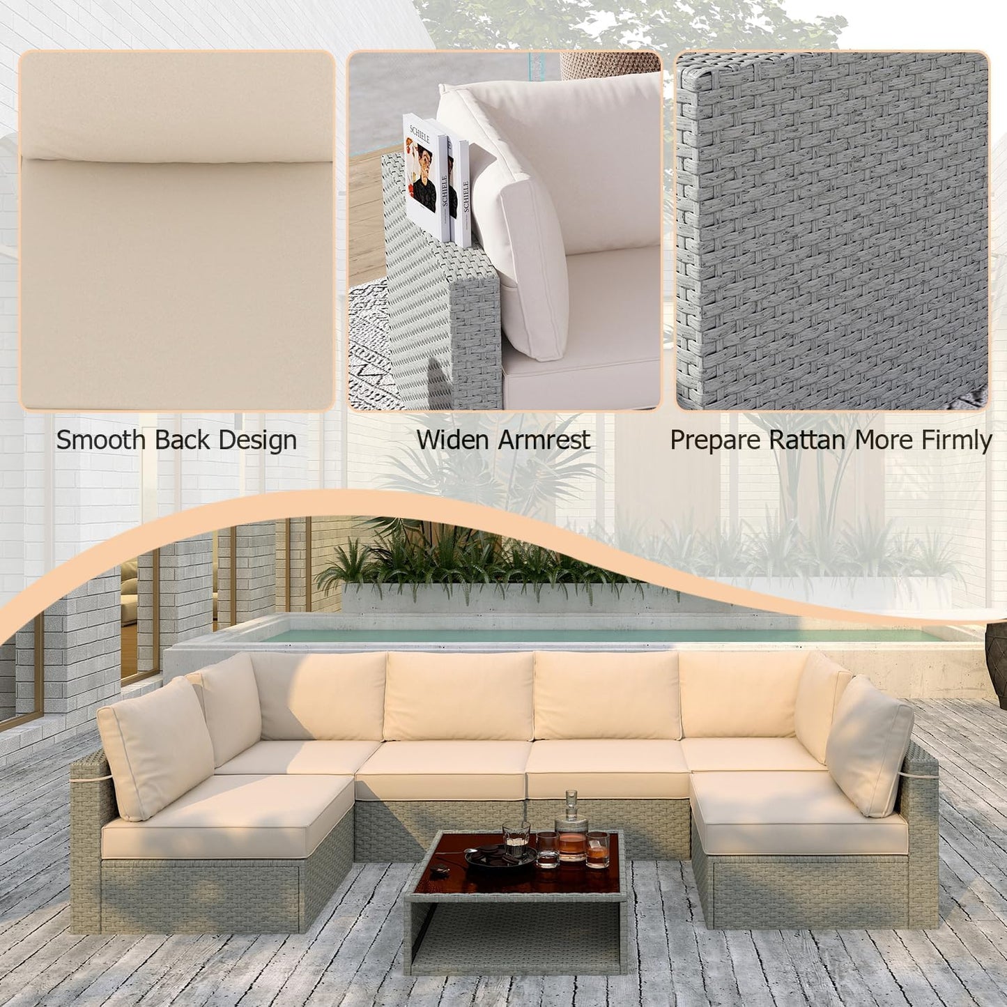 Patio Furniture Set 7-Piece, All-Weather Outdoor Conversation Set Sectional Sofa with Water Resistant Grey Thick Cushions and Coffee Table（Khaki）