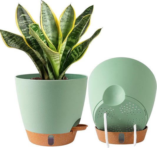 2 Pack 8 Inch Pots for Plants Indoor, Plastic Self Watering Planters with Drainage Holes, Water Level Indicator & Deep Reservoir, Decorative Flower Pots Indoor Outdoor Use (Green