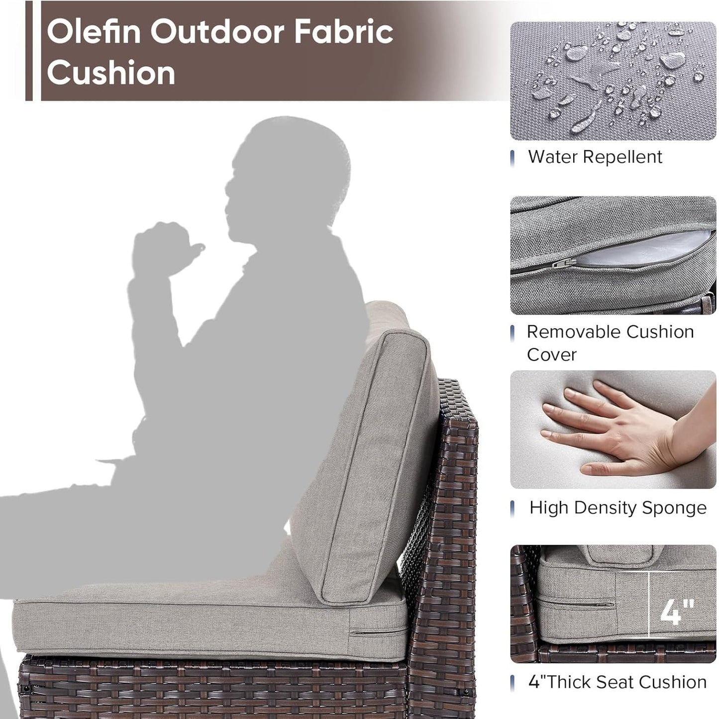 HUMMUH Outdoor Modular Sectional Couch All Weather PE Wicker Patio Sofa Half-Moon Loveseat for Garden Porch Backyard