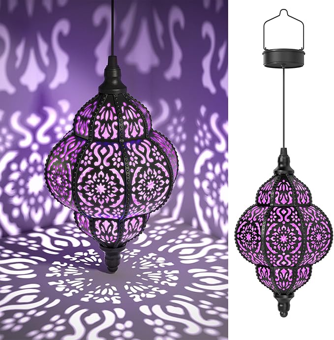 Hanging Solar Lights Outdoor Garden Decor Solar Lantern Waterproof Plastic Moroccan Outdoor Decorations for Patio Pathway Yard Backyard Garden Decorative (1, Purple)