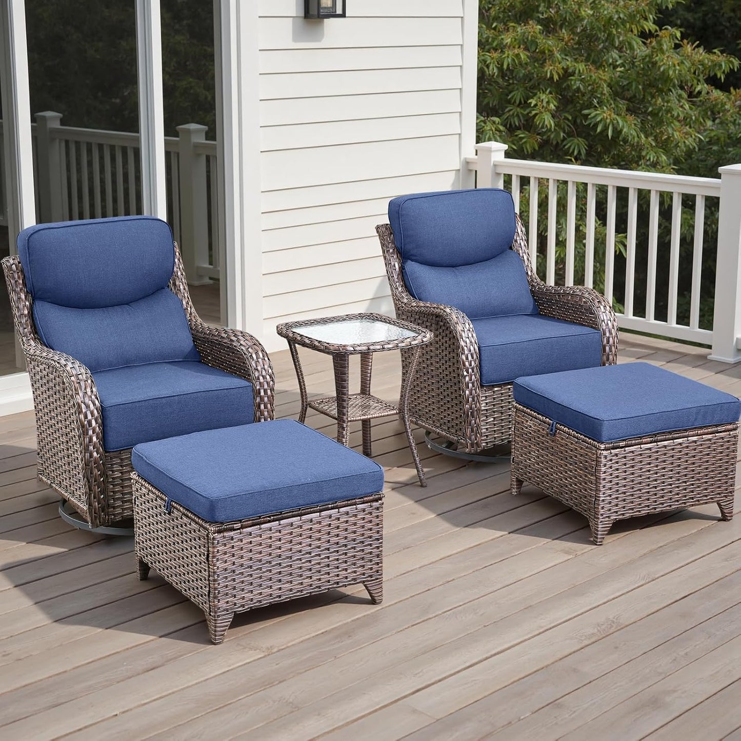 Wicker Outdoor Patio Furniture Set - 5 Piece Patio Conversation Sets with Swivel Rocker Chairs, Ottomans and Side Table, 6 inch Cushions, Waterproof Wicker, for Porch Deck Brown/Blue