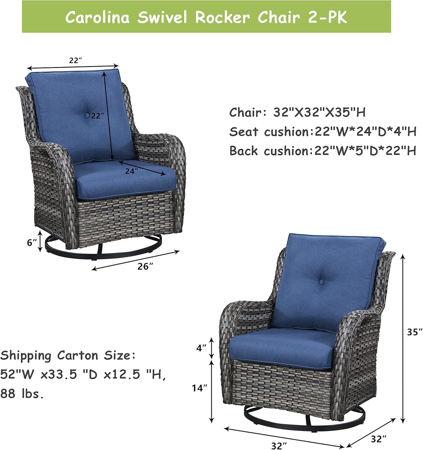 Outdoor Patio Swivel Rocker Chairs - Wicker Rattan Patio Swivel Rocking Chairs Set of 2 with High Back,Deep Seating and Comfort Cushions for Deck Porch Garden,Mixed Grey/Blue