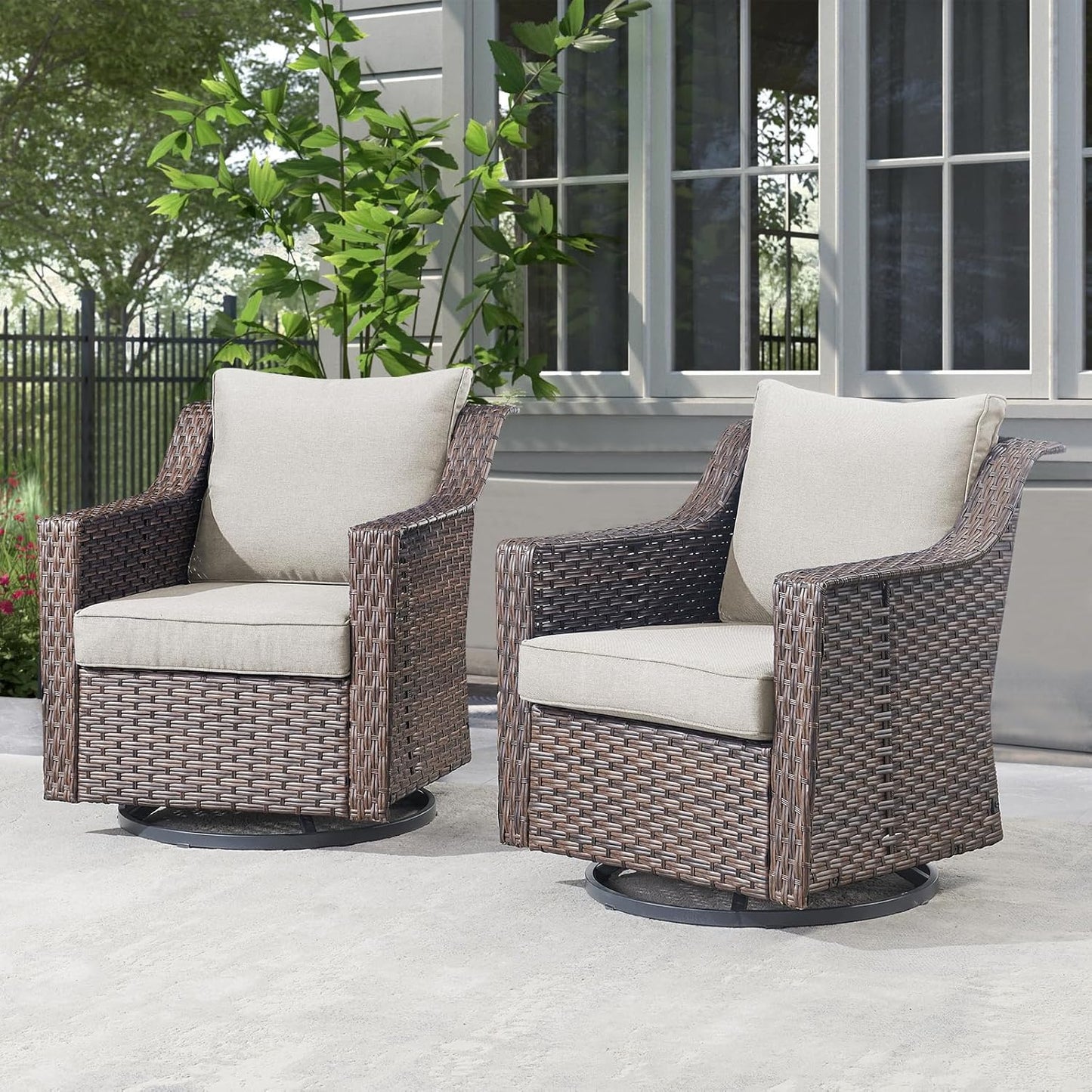 Outdoor Patio Wicker Swivel Chairs - Set of 2 Outside Resin Rattan Rocker Glider Gliding Chair Rocking Armchairs for Front Porch Balcony Backyard Yard Deck Poolside Apartment – Brown/Beige