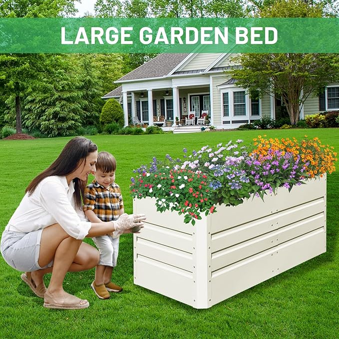 SnugNiture 4x2x2FT Raised Garden Bed Galvanized Planter Garden Boxes Outdoor, Deep Root Planter Raised Bed for Vegetables Flowers Herbs,Beige White